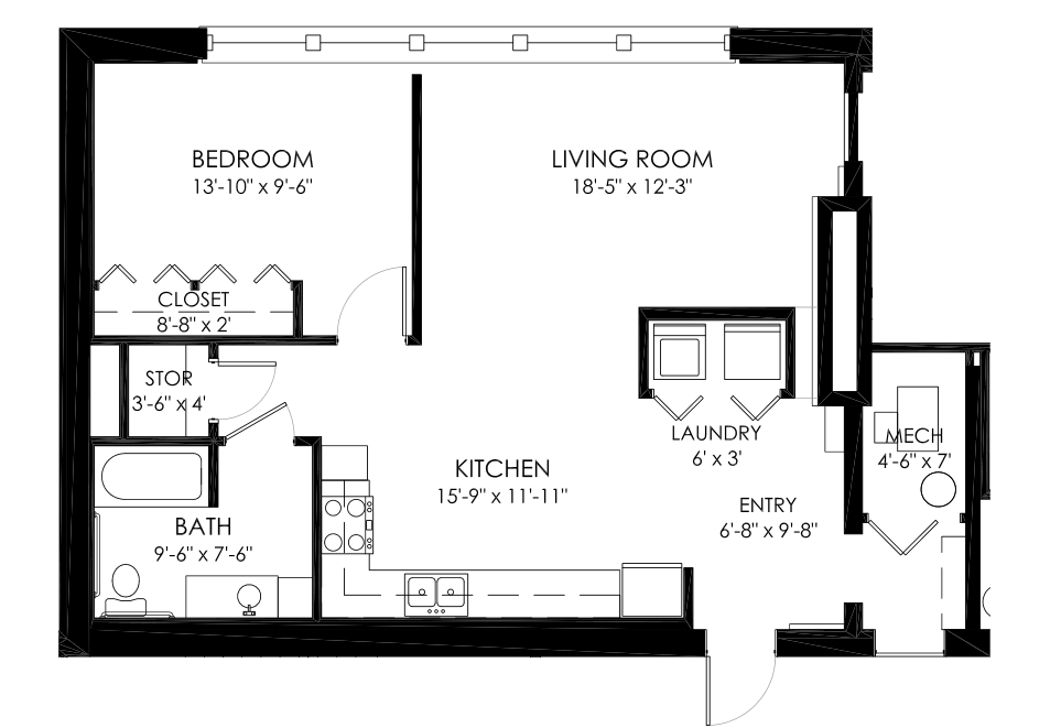 Floor plan for 1 bed, 1 bath, 888 sqft